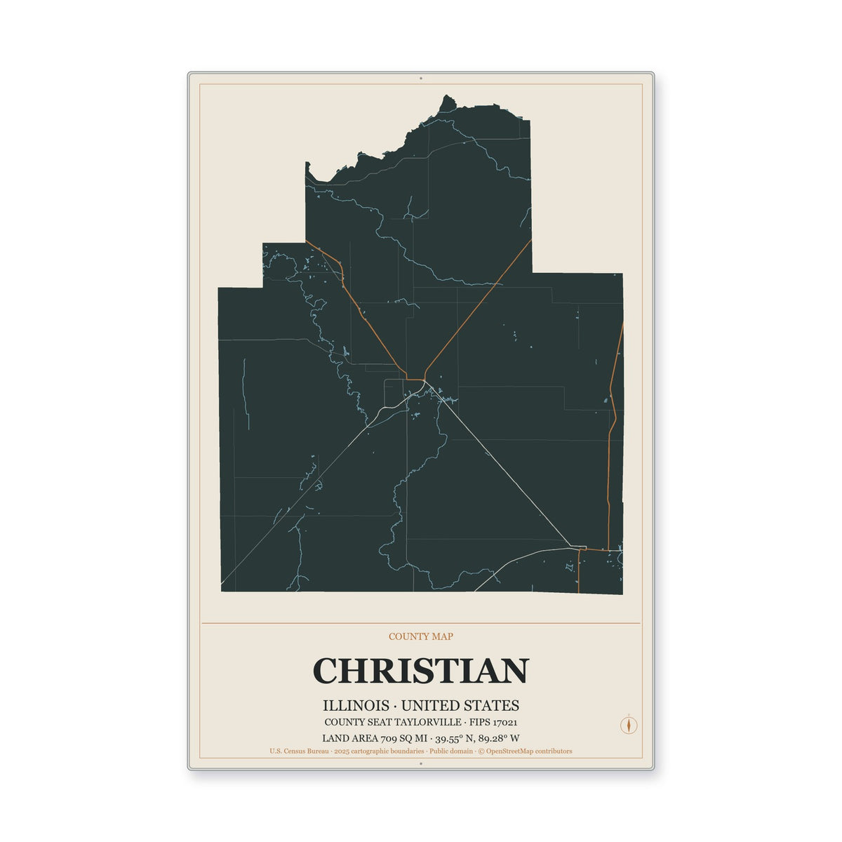 Christian County, Illinois Map Aluminum Sign in Headline Atlas style