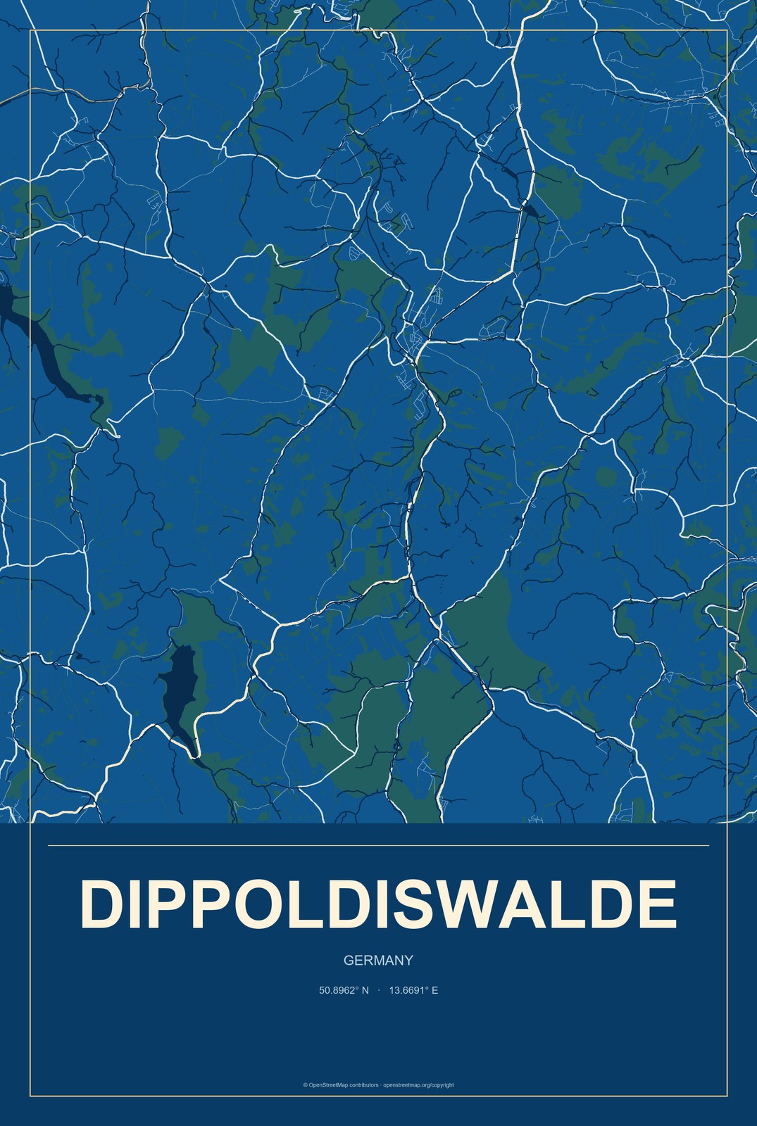 Dippoldiswalde, Germany City Map Aluminum Sign in Harbor Cobalt style