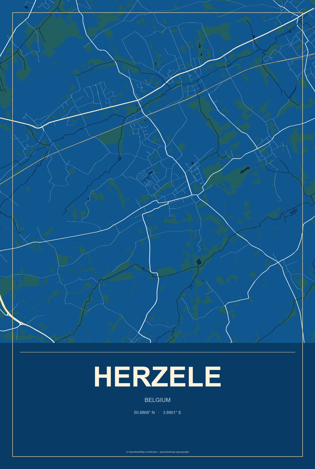 Herzele, Belgium City Map Aluminum Sign in Harbor Cobalt style