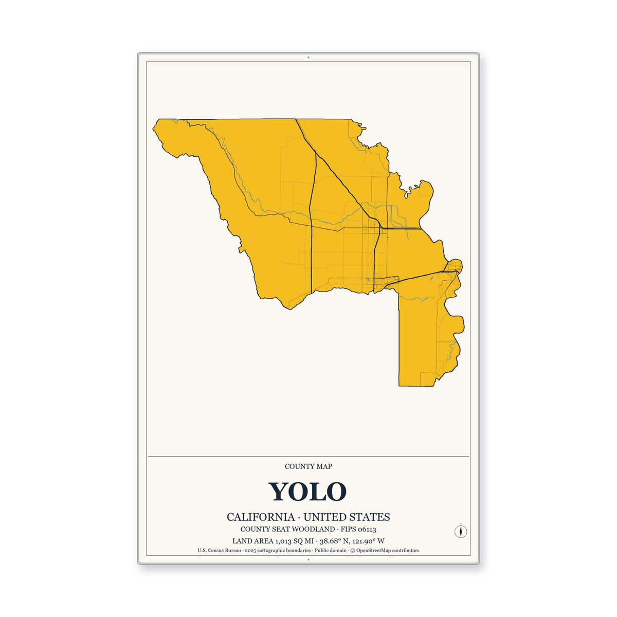 Yolo County, California Map Aluminum Sign in Citrine Modern style