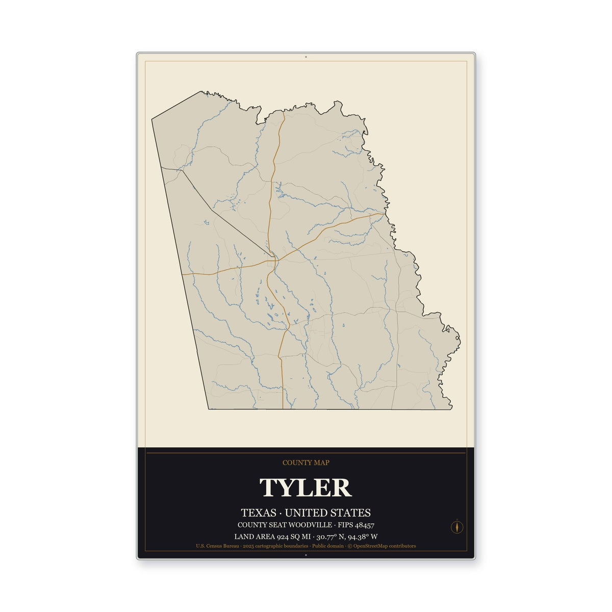 Tyler County, Texas Map Aluminum Sign in Museum Plaque style