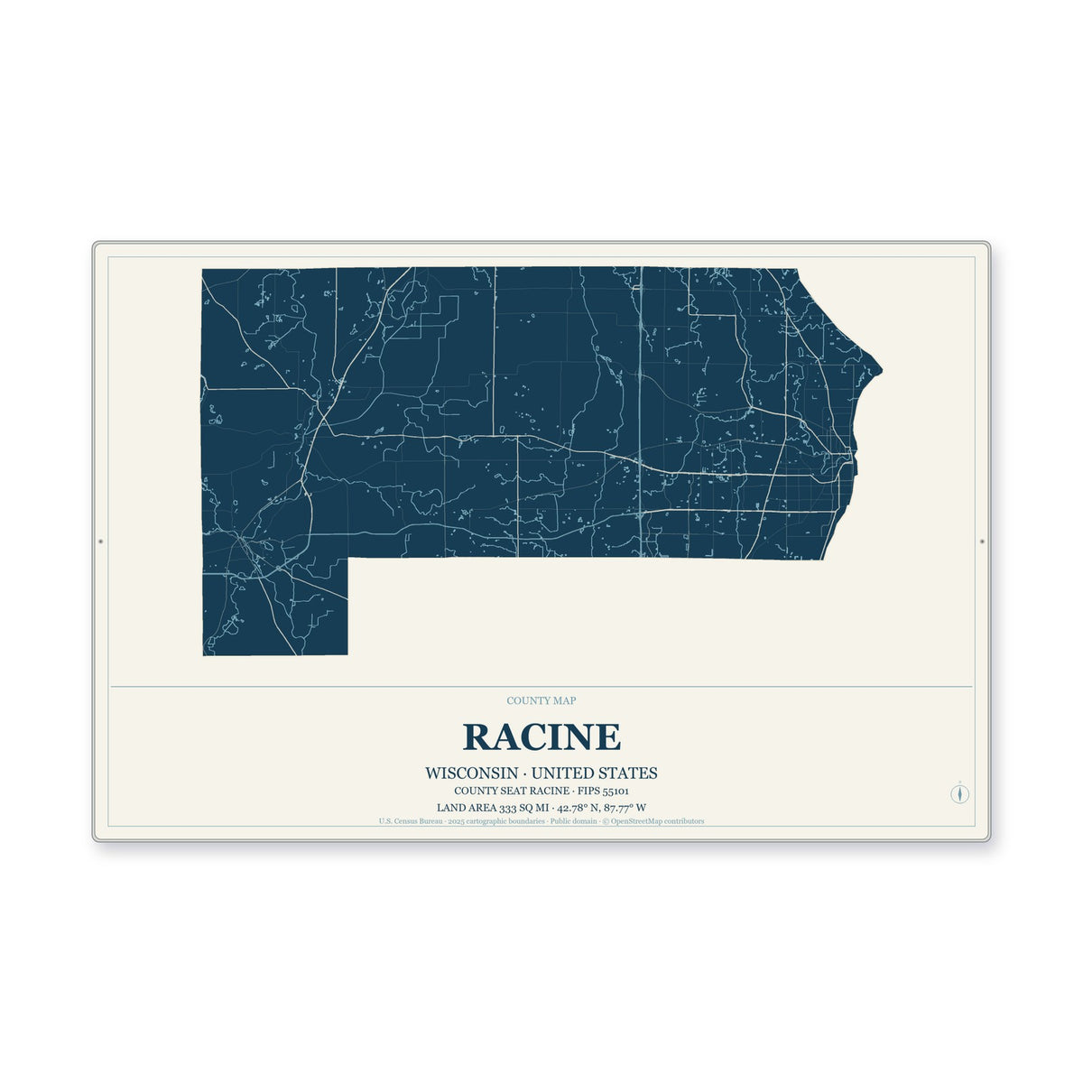 Racine County, Wisconsin Map Aluminum Sign in Coastal Cutout style