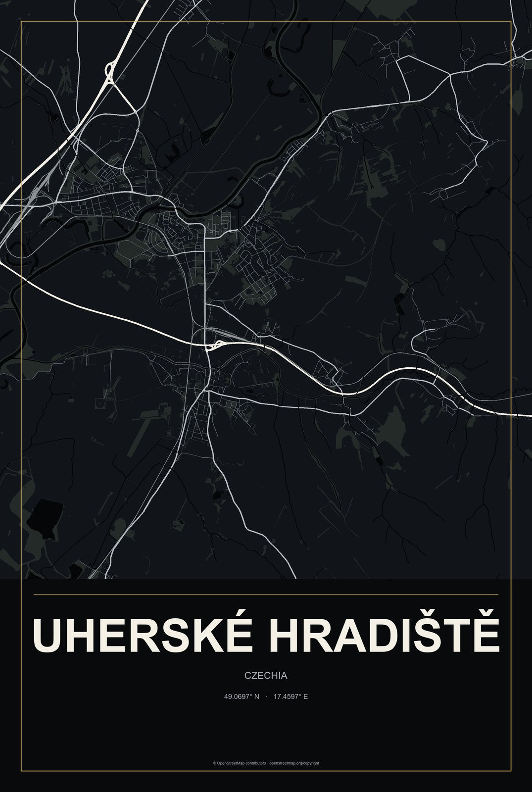 Uherské Hradiště, Czechia City Map Aluminum Sign in Metropolitan Noir style
