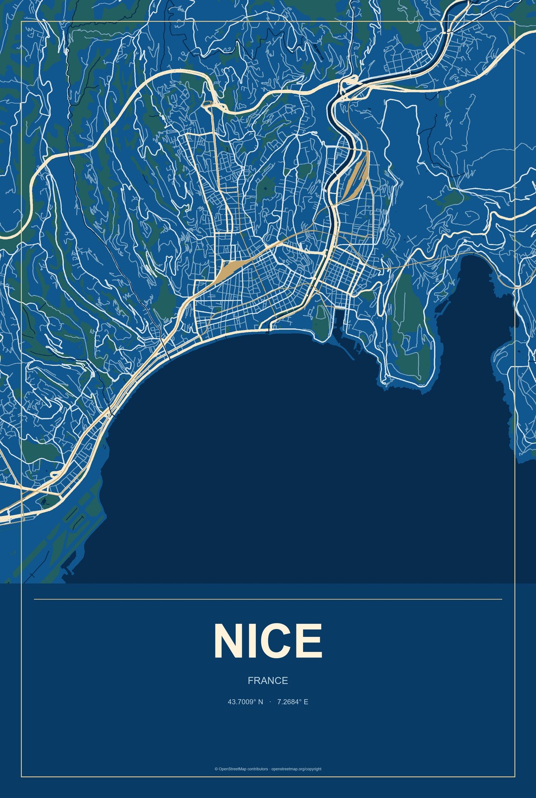 Nice, France City Map Aluminum Sign in Harbor Cobalt style