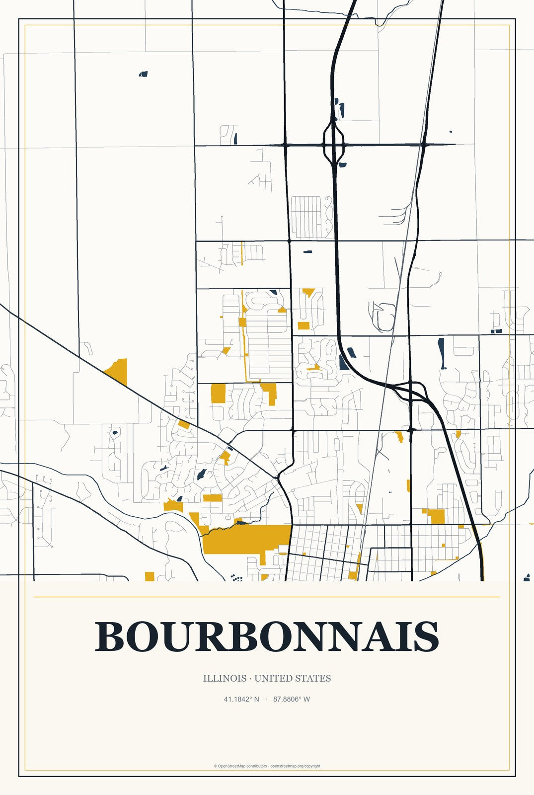 Bourbonnais, Illinois City Map Aluminum Sign in Citrine Modern style