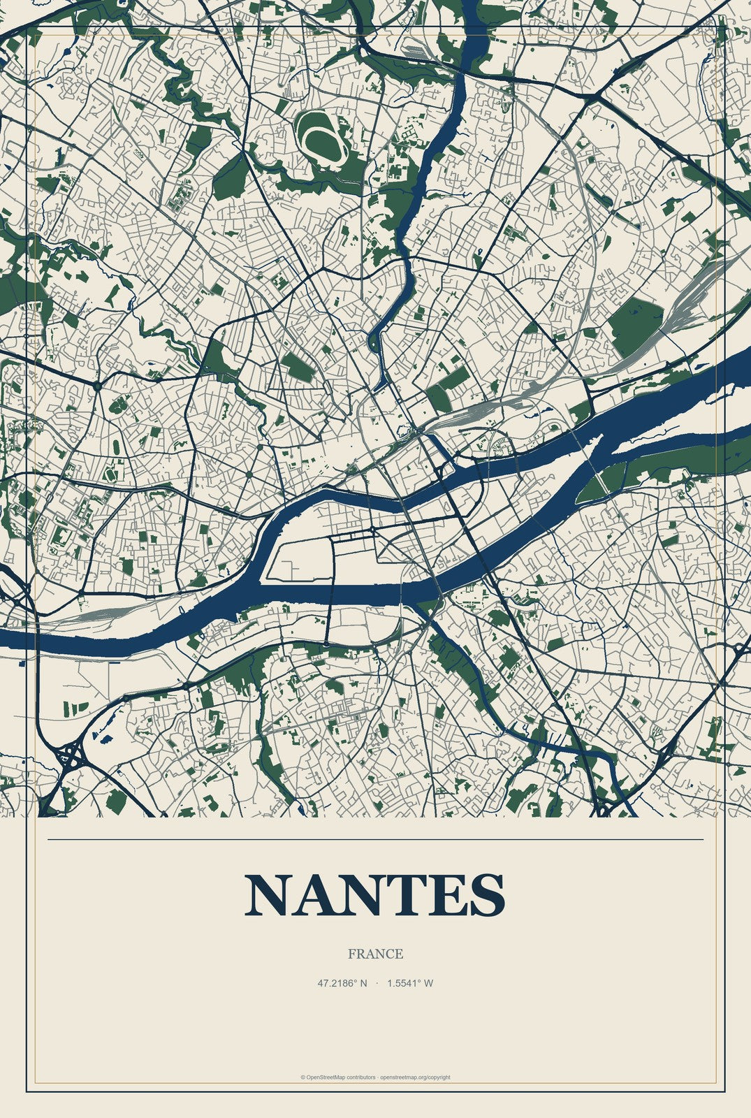 Nantes, France City Map Aluminum Sign in Coastal Cutout style