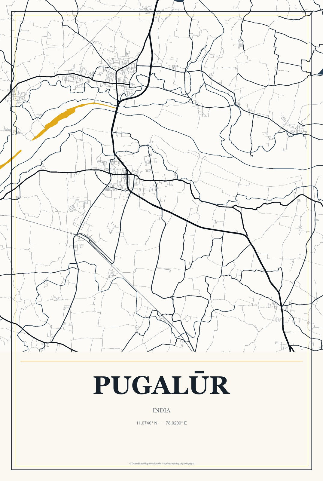 Pugalūr, India City Map Aluminum Sign in Citrine Modern style