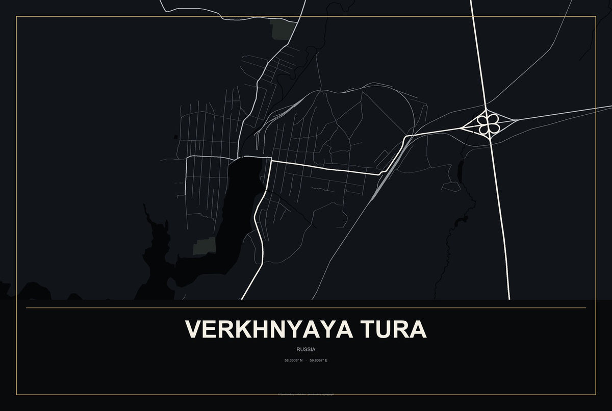 Verkhnyaya Tura, Russia City Map Aluminum Sign in Metropolitan Noir style