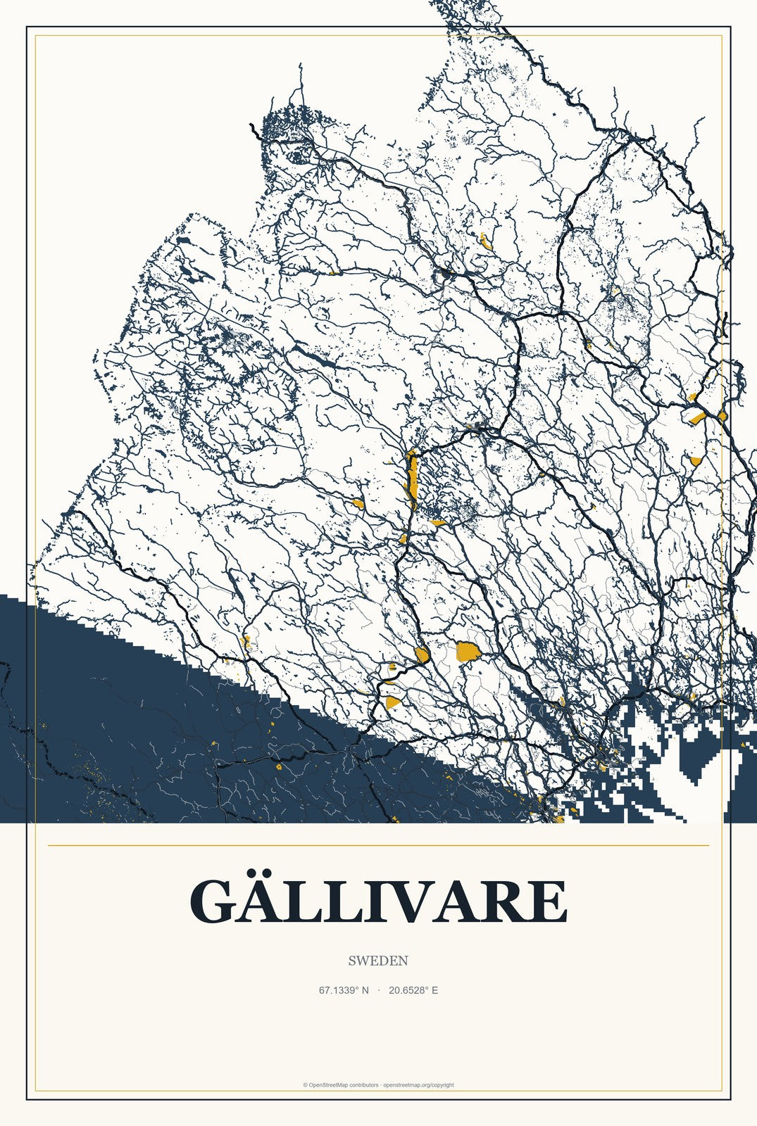 Gällivare, Sweden City Map Aluminum Sign in Citrine Modern style