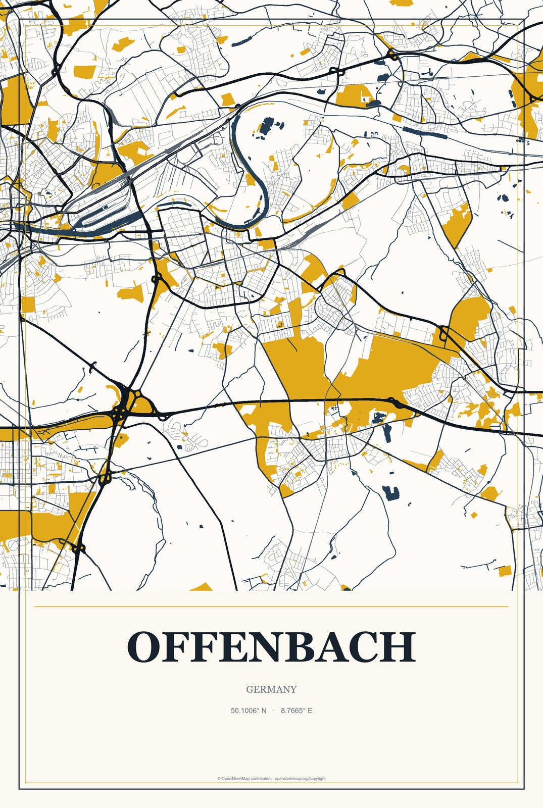 Offenbach, Germany City Map Aluminum Sign in Citrine Modern style