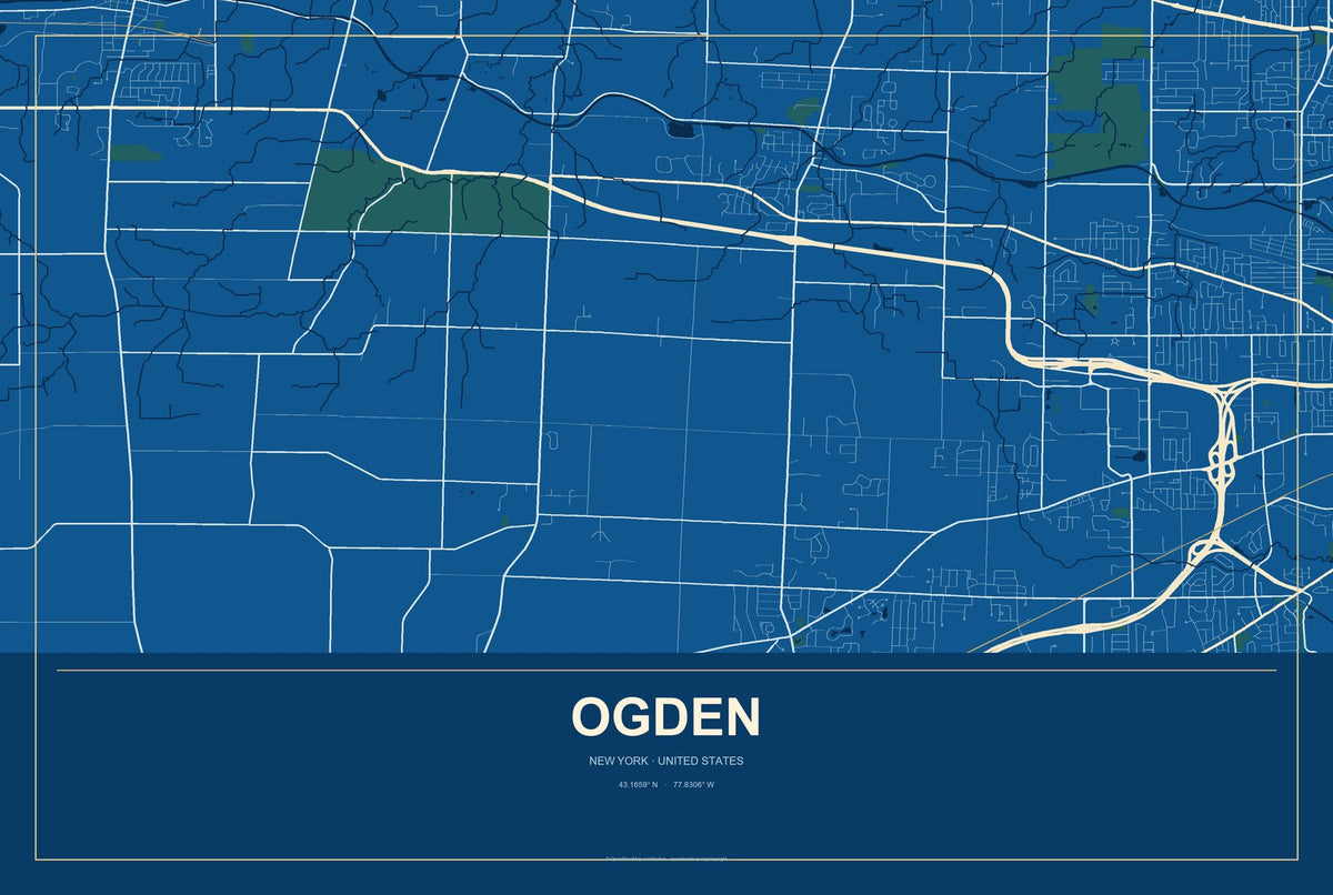 Ogden, New York City Map Aluminum Sign in Harbor Cobalt style