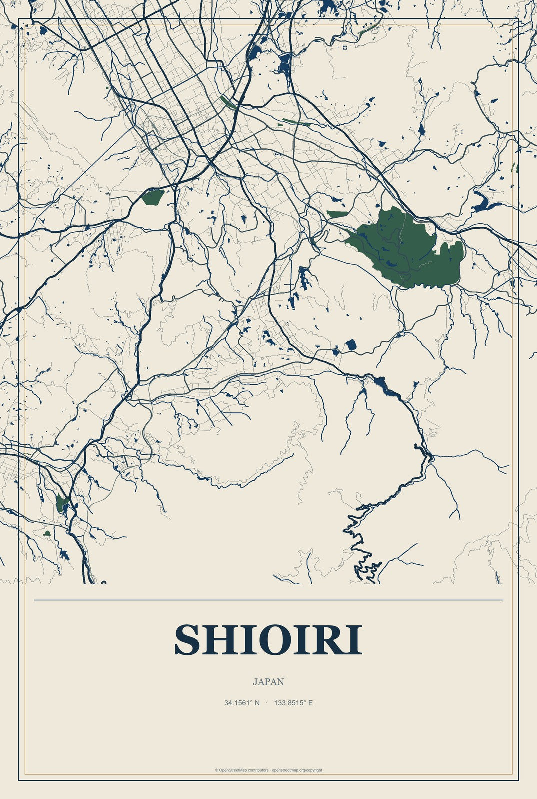 Shioiri, Japan City Map Aluminum Sign in Coastal Cutout style