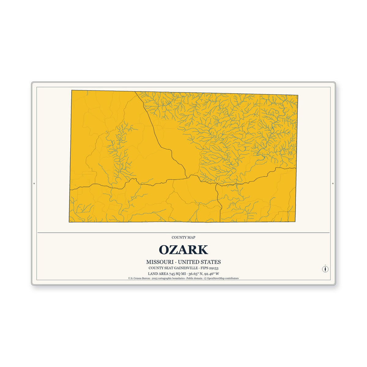 Ozark County, Missouri Map Aluminum Sign in Citrine Modern style