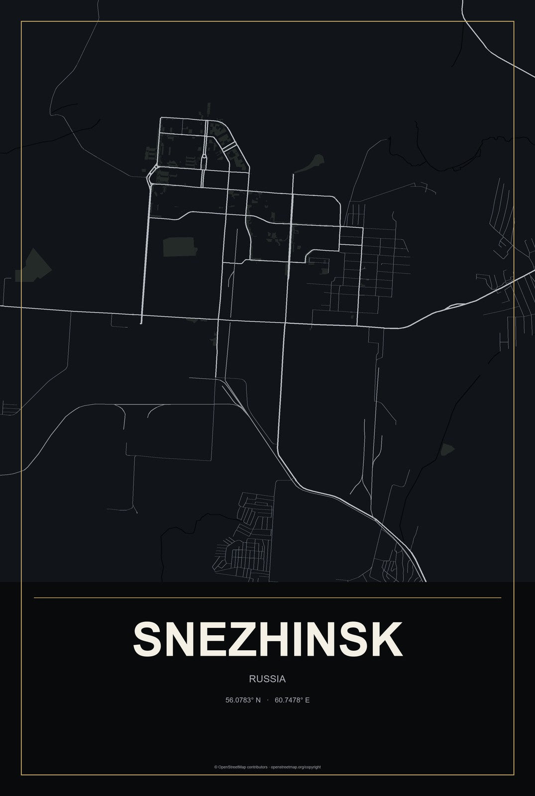 Snezhinsk, Russia City Map Aluminum Sign in Metropolitan Noir style