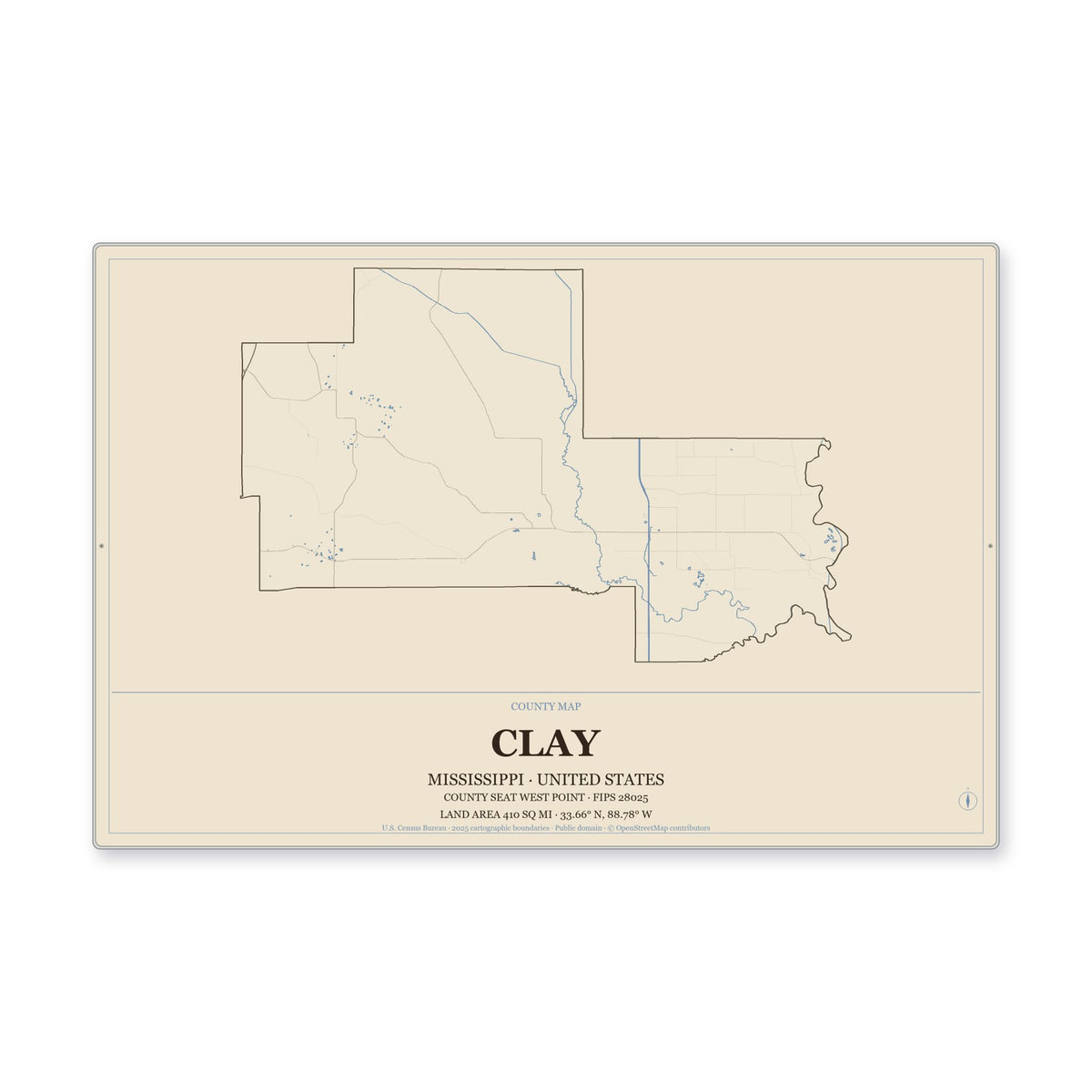 Clay County, Mississippi Map Aluminum Sign in Heritage Nautical style