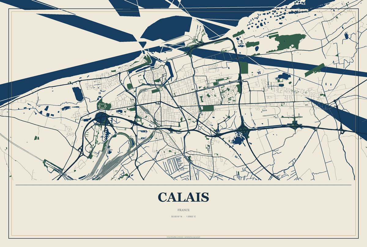 Calais, France City Map Aluminum Sign in Coastal Cutout style
