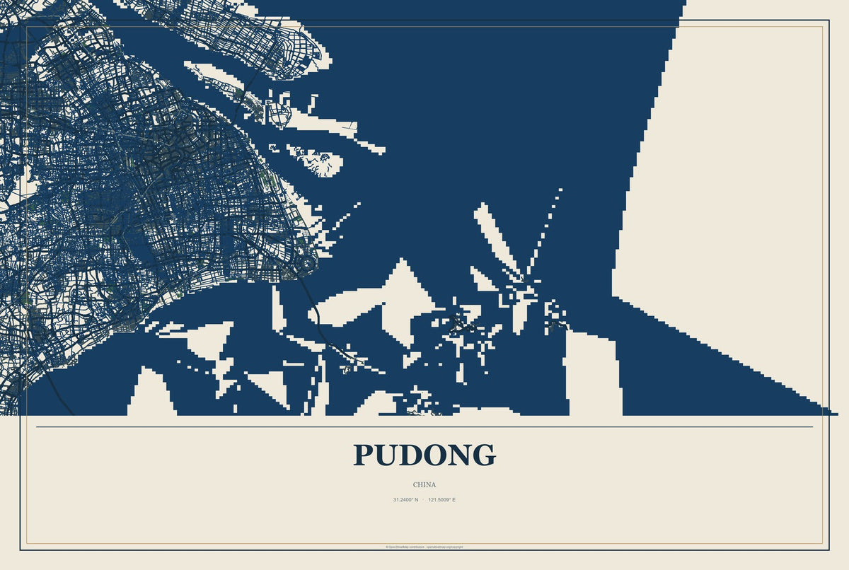 Pudong, China City Map Aluminum Sign in Coastal Cutout style