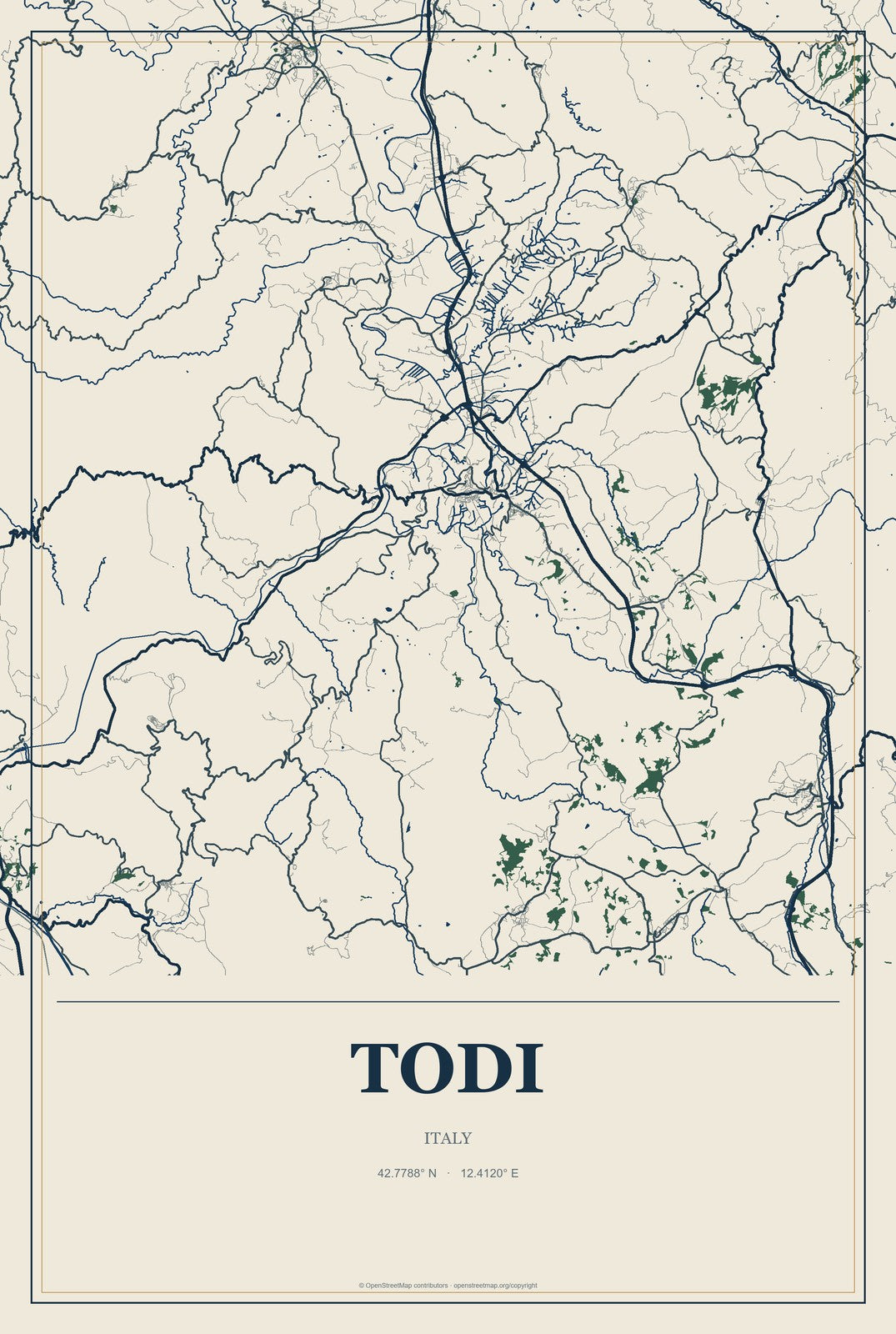 Todi, Italy City Map Aluminum Sign in Coastal Cutout style
