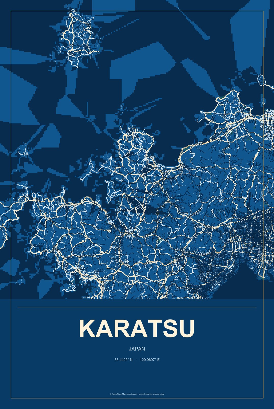 Karatsu, Japan City Map Aluminum Sign in Harbor Cobalt style