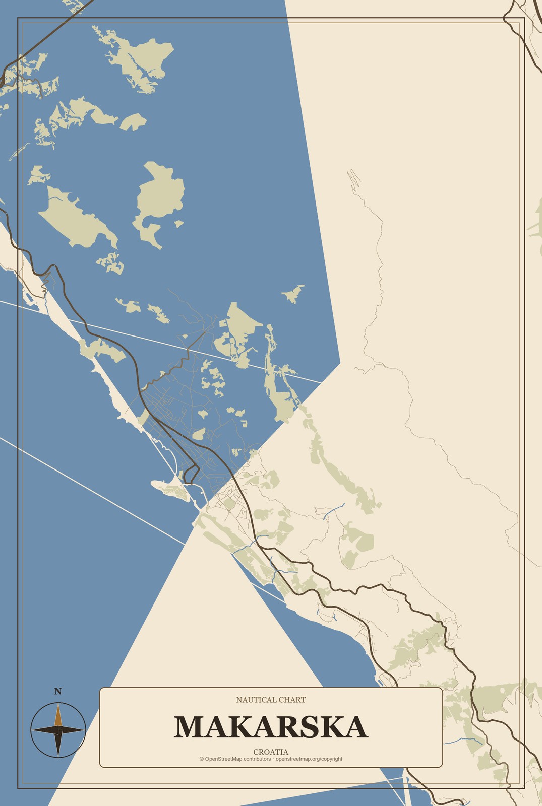 Makarska, Croatia City Map Aluminum Sign in Heritage Nautical style