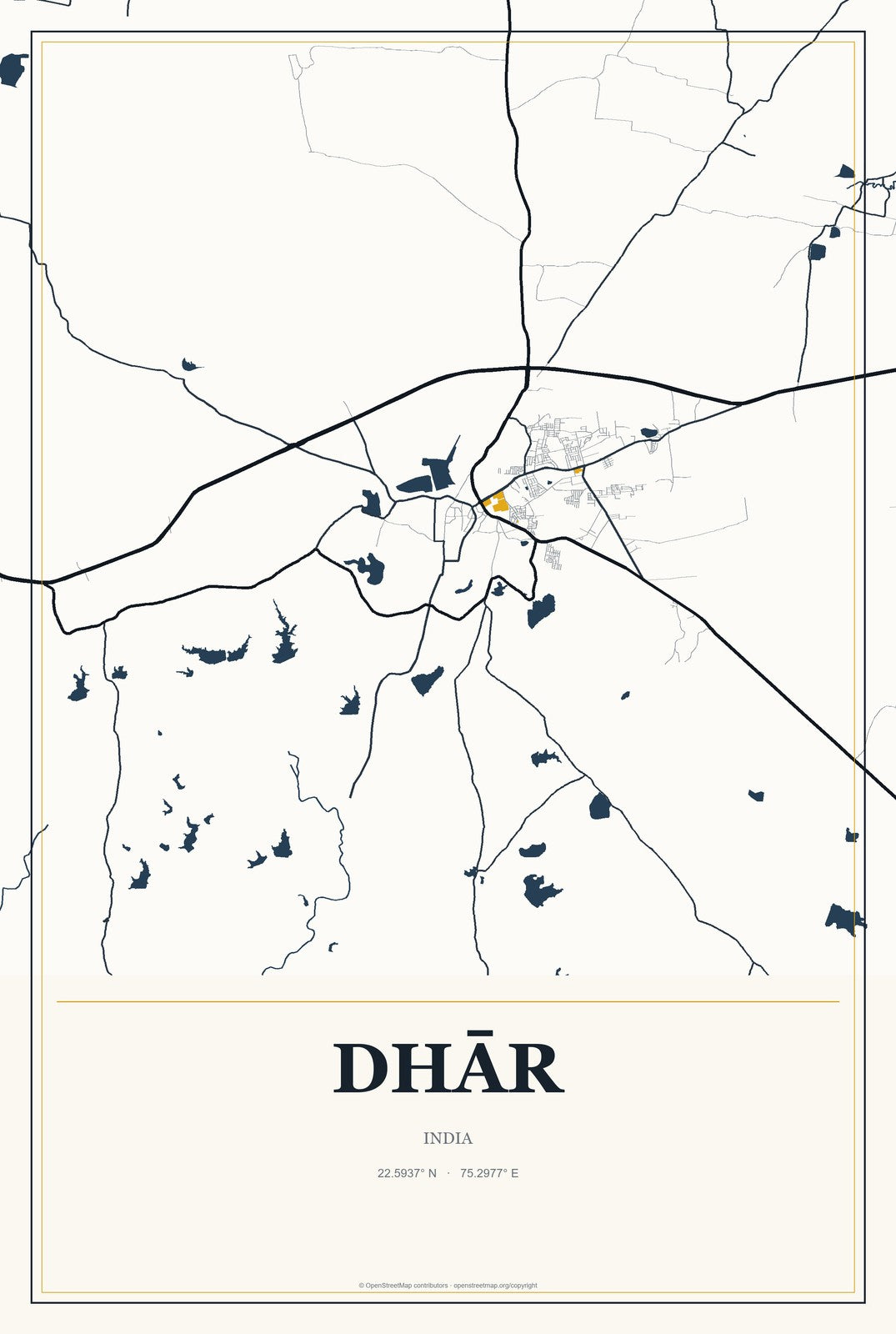 Dhār, India City Map Aluminum Sign in Citrine Modern style