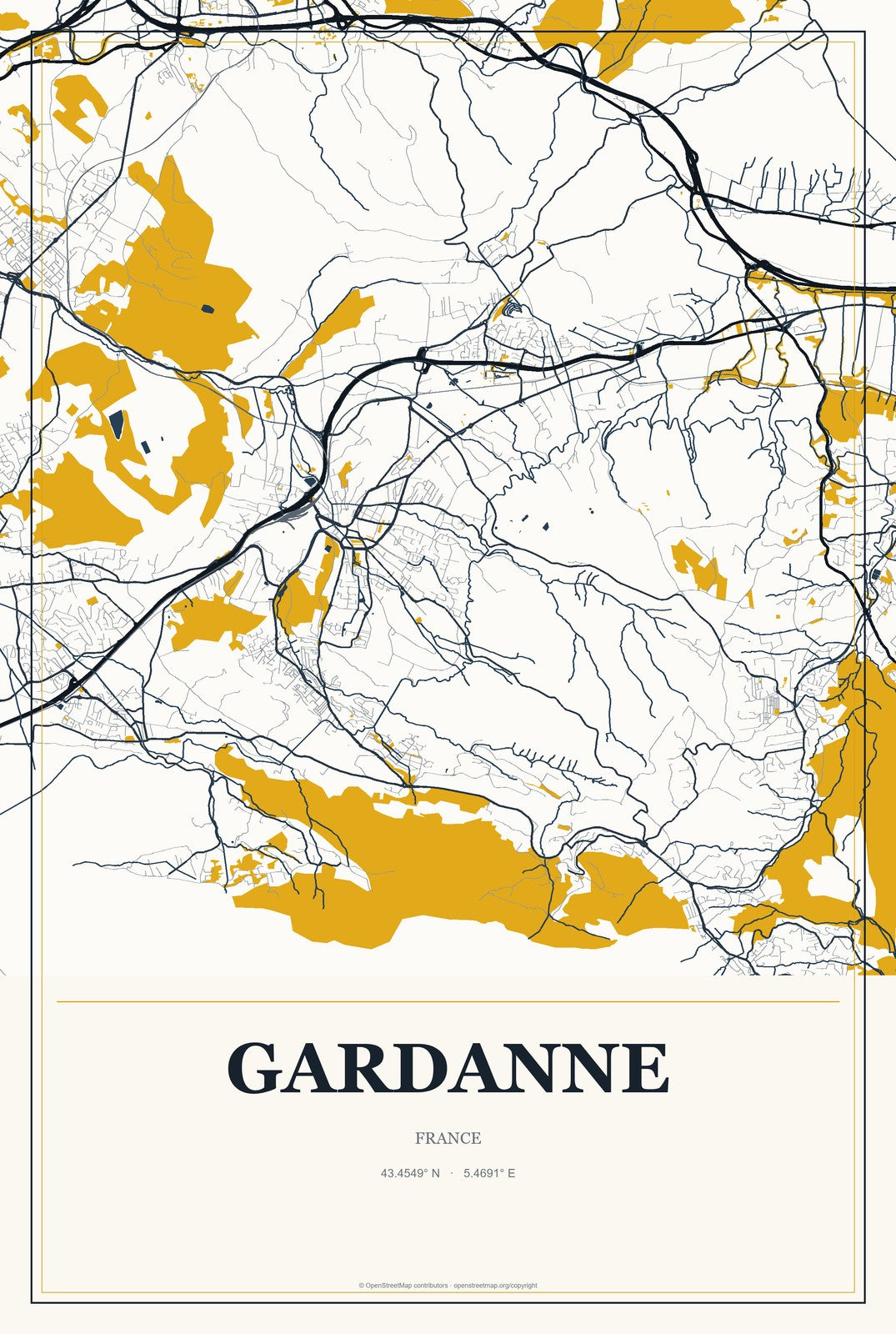 Gardanne, France City Map Aluminum Sign in Citrine Modern style