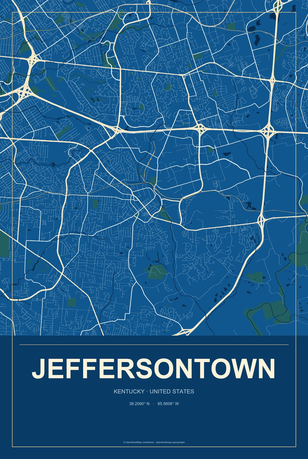 Jeffersontown, Kentucky City Map Aluminum Sign in Harbor Cobalt style