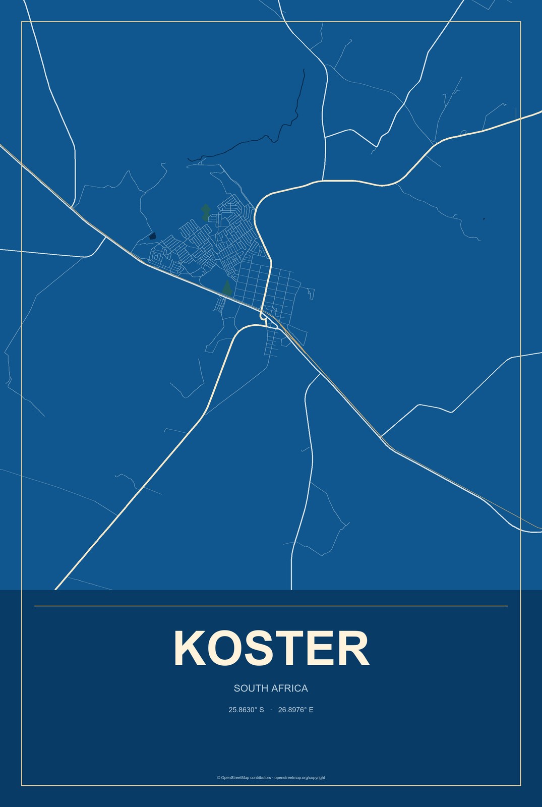 Koster, South Africa City Map Aluminum Sign in Harbor Cobalt style