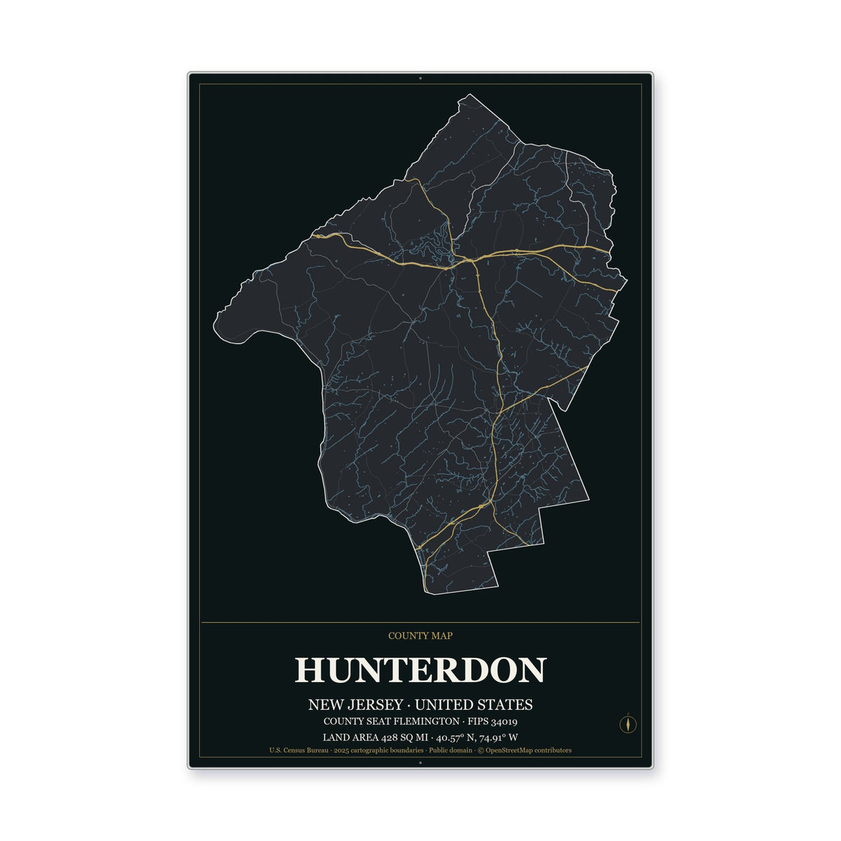 Hunterdon County, New Jersey Map Aluminum Sign in Metropolitan Noir style