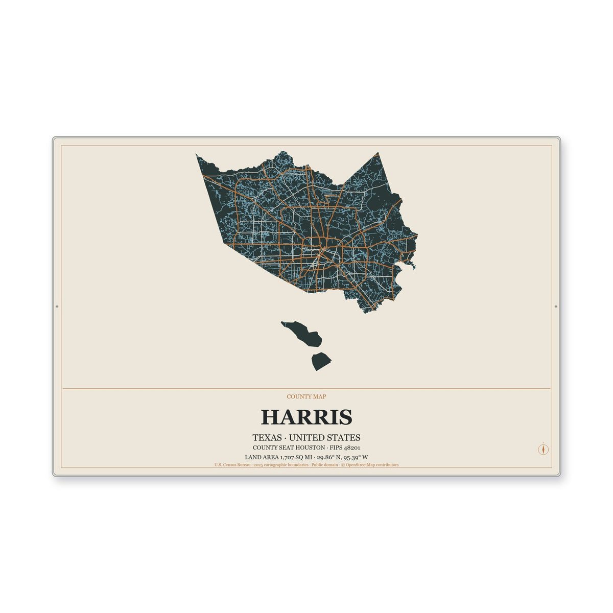 Harris County, Texas Map Aluminum Sign in Headline Atlas style