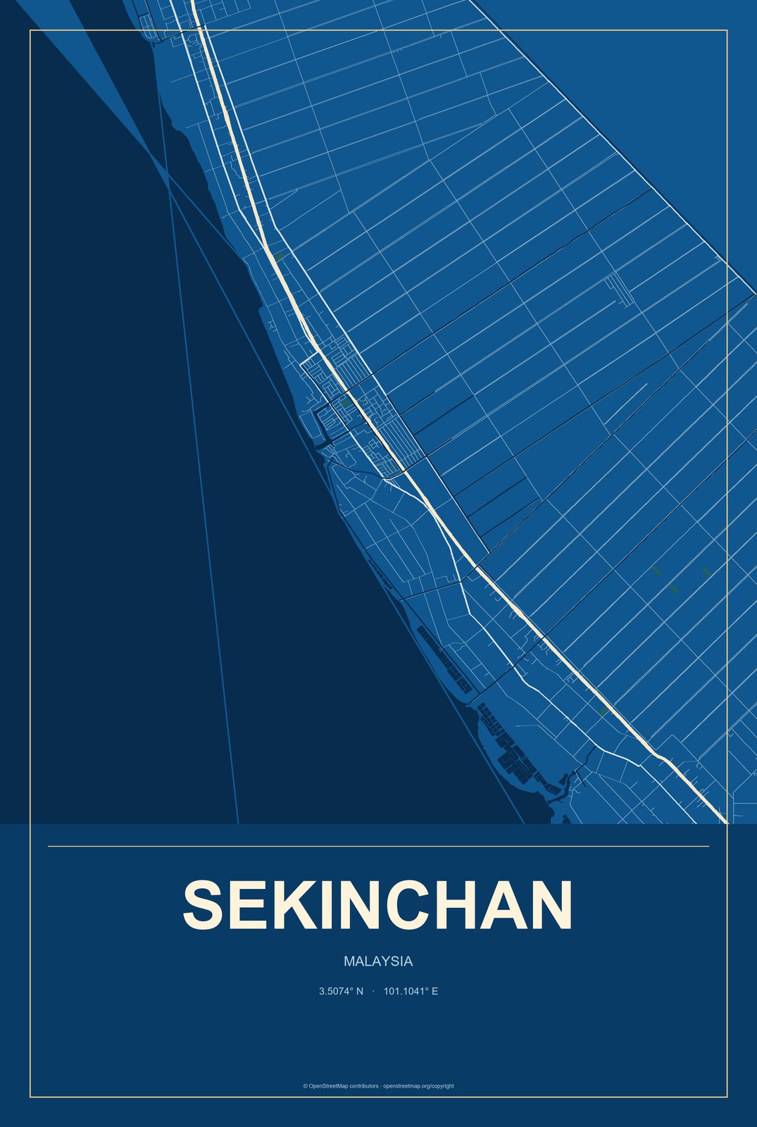 Sekinchan, Malaysia City Map Aluminum Sign in Harbor Cobalt style