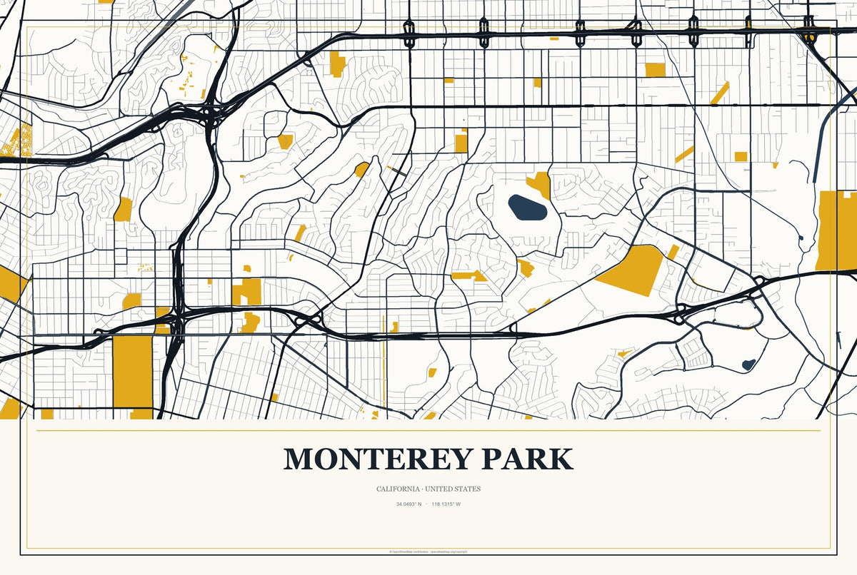 Monterey Park, California City Map Aluminum Sign in Citrine Modern style