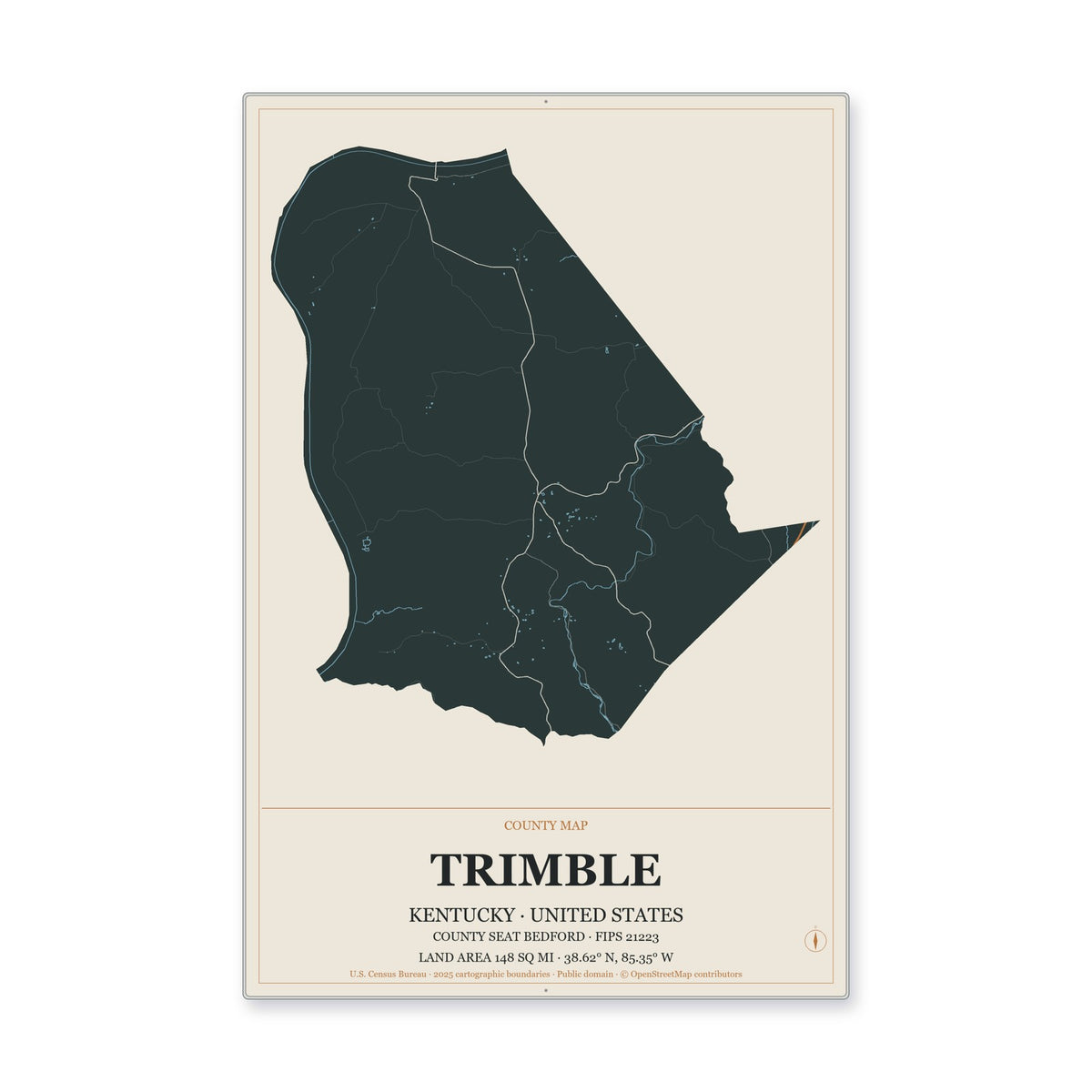 Trimble County, Kentucky Map Aluminum Sign in Headline Atlas style