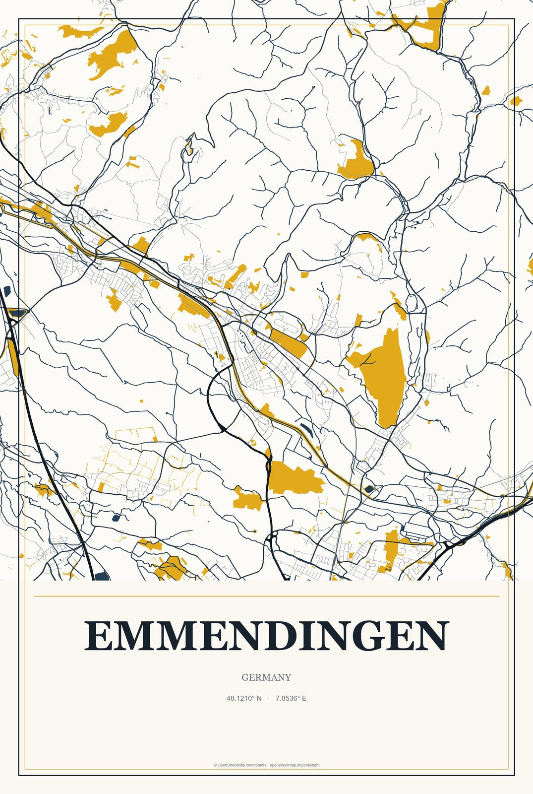Emmendingen, Germany City Map Aluminum Sign in Citrine Modern style