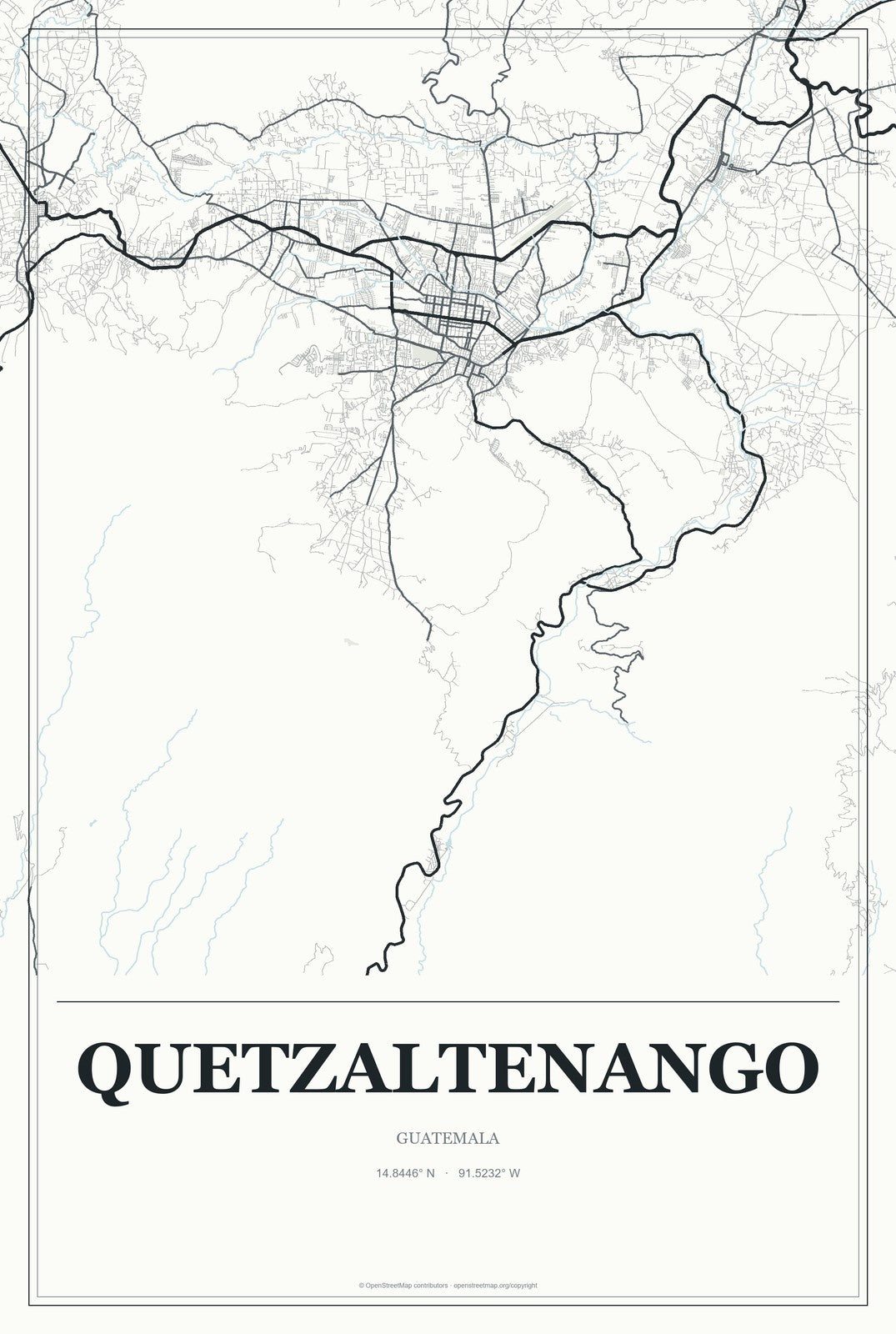Quetzaltenango, Guatemala City Map Aluminum Sign in Gallery Air style