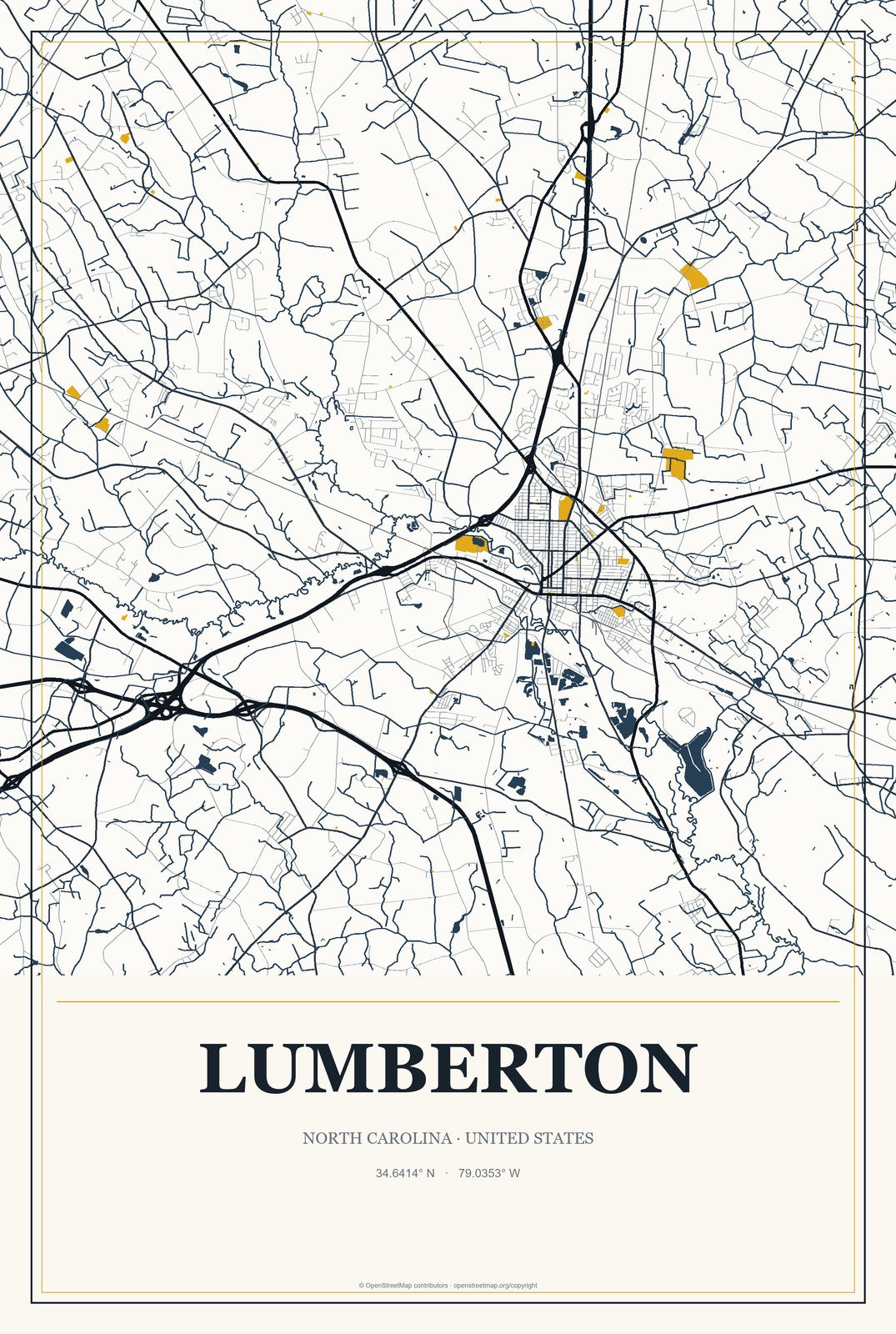 Lumberton, North Carolina City Map Aluminum Sign in Citrine Modern style