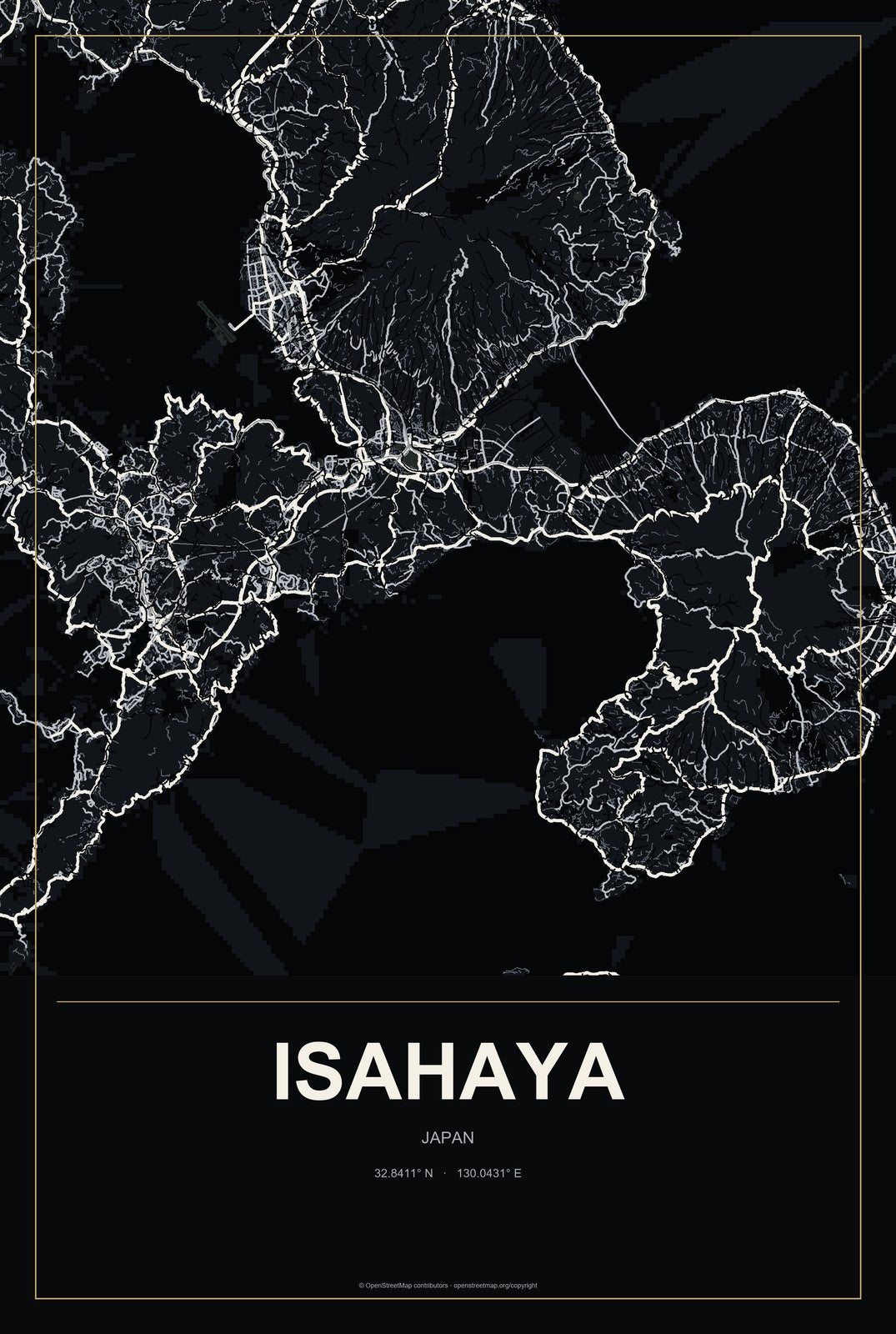 Isahaya, Japan City Map Aluminum Sign in Metropolitan Noir style