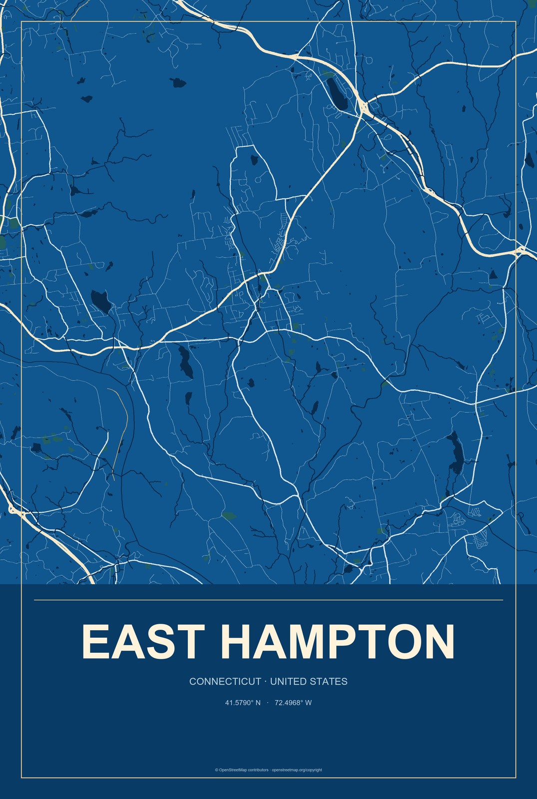 East Hampton, Connecticut City Map Aluminum Sign in Harbor Cobalt style