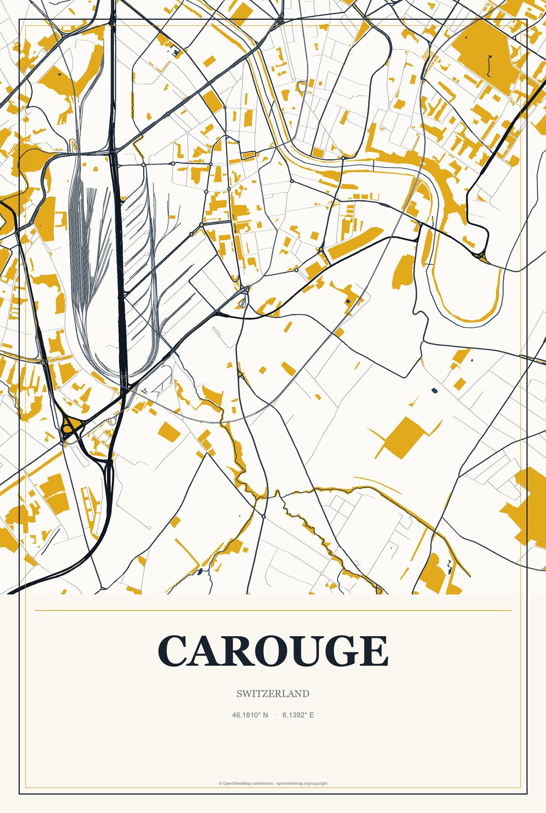 Carouge, Switzerland City Map Aluminum Sign in Citrine Modern style