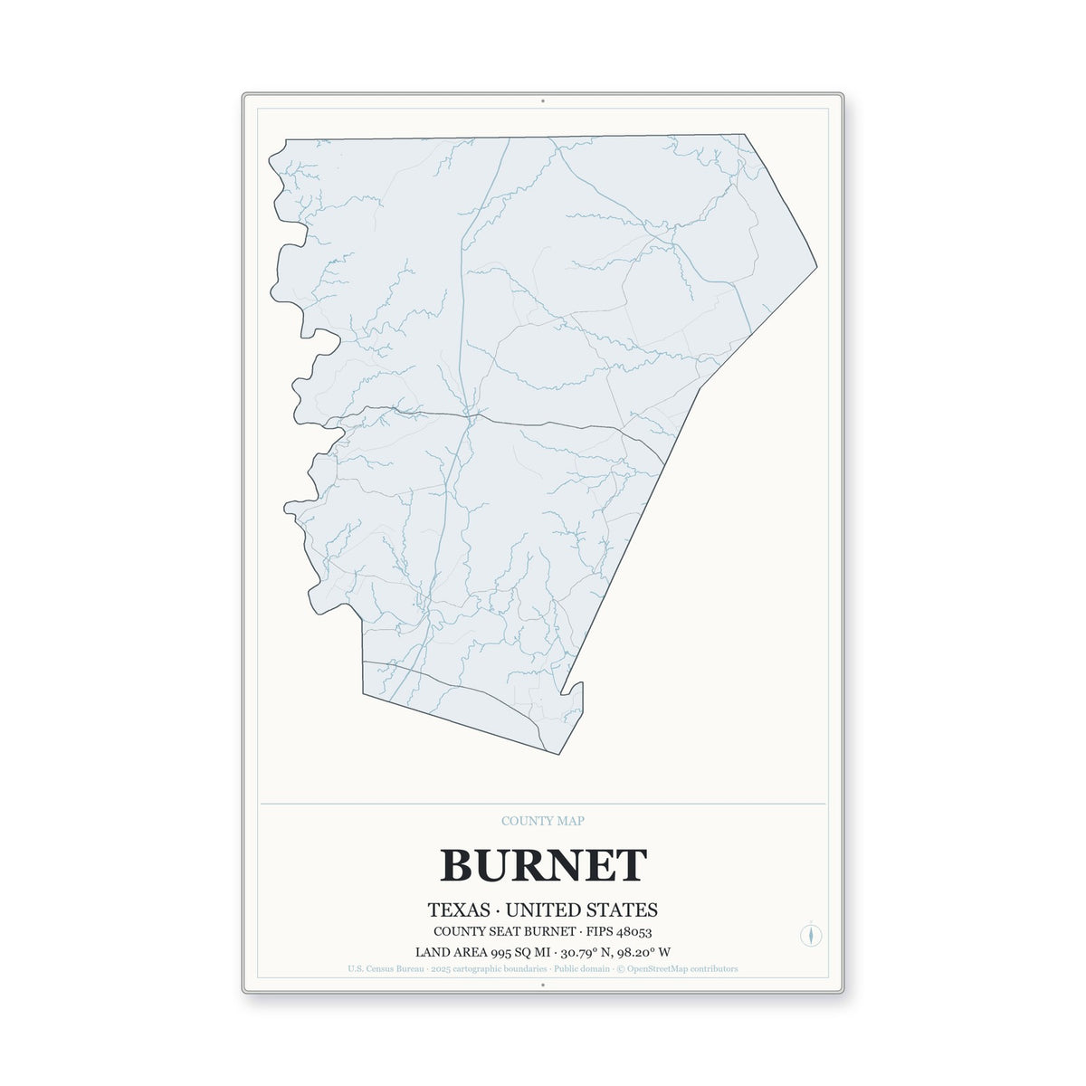 Burnet County, Texas Map Aluminum Sign in Gallery Air style