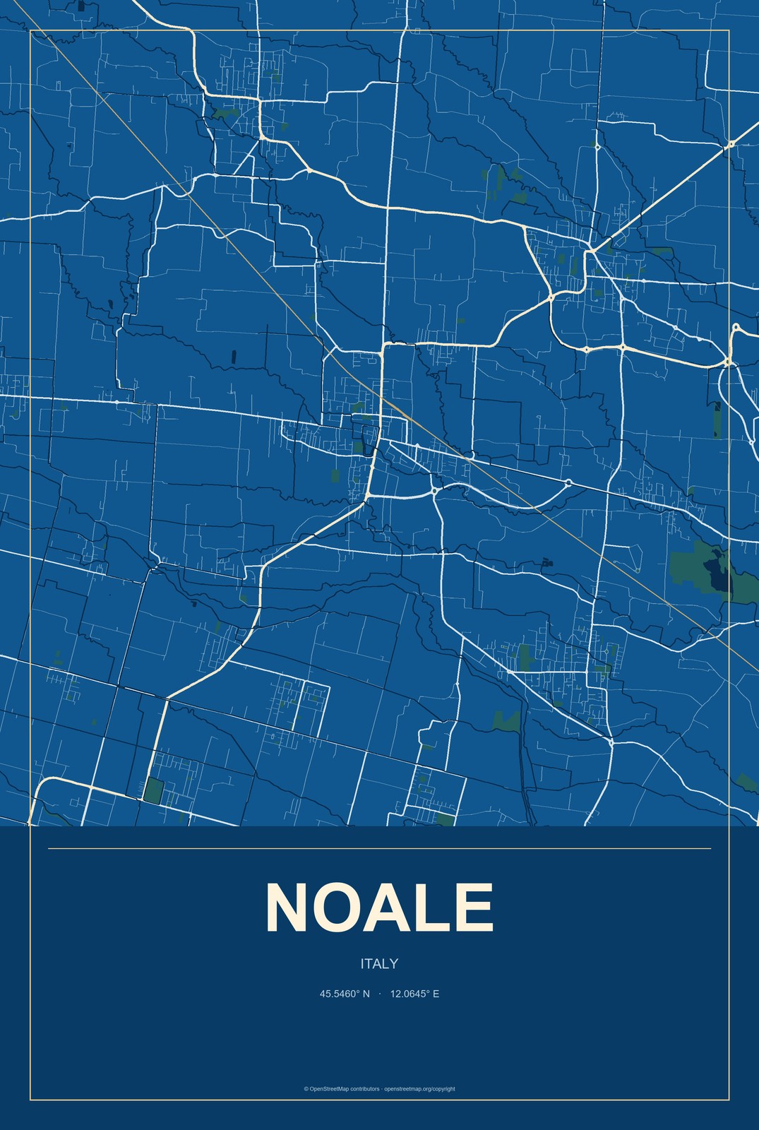 Noale, Italy City Map Aluminum Sign in Harbor Cobalt style