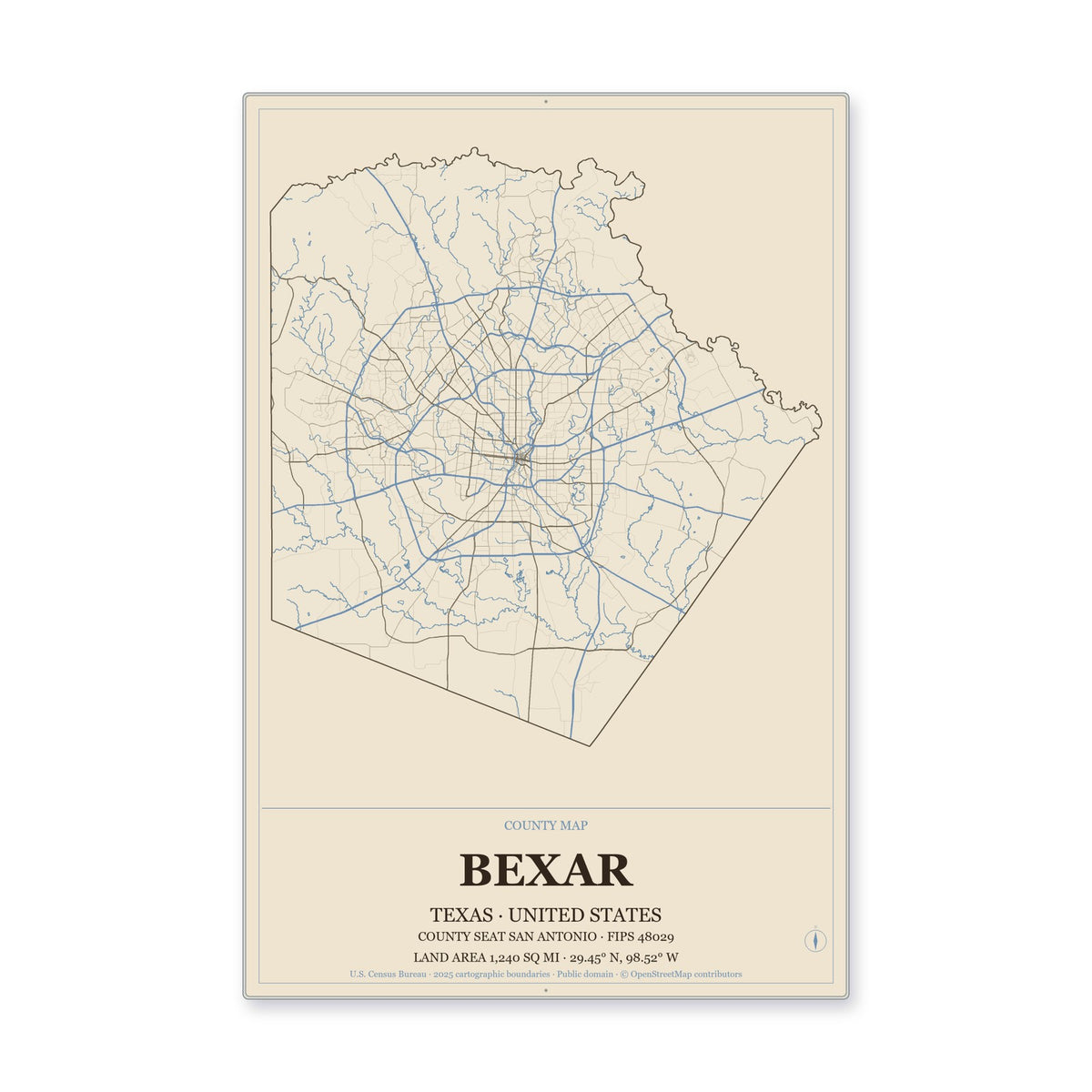 Bexar County, Texas Map Aluminum Sign in Heritage Nautical style