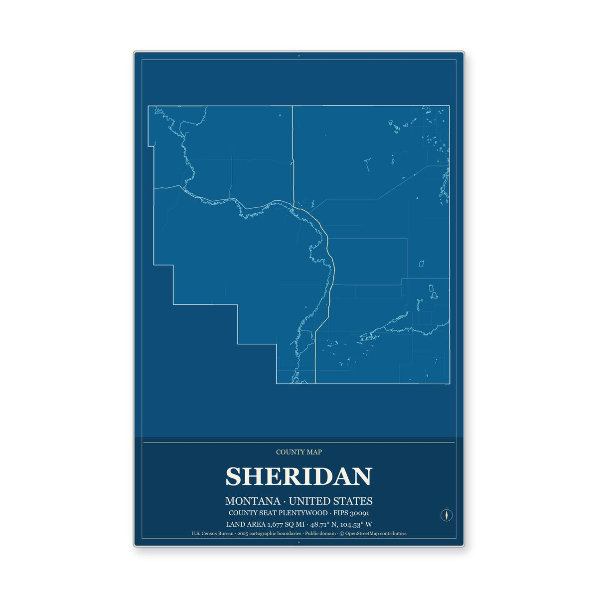 Sheridan County, Montana Map Aluminum Sign in Harbor Cobalt style