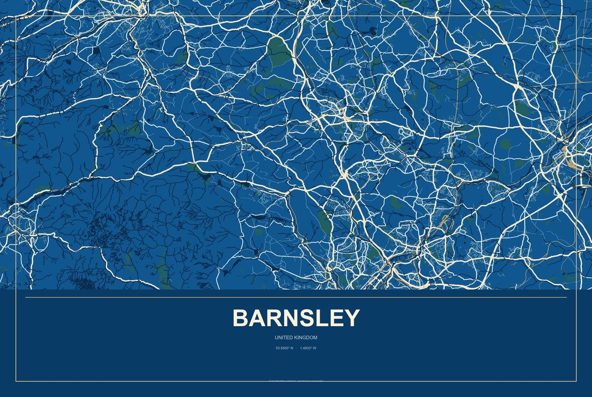 Barnsley, United Kingdom City Map Aluminum Sign in Harbor Cobalt style
