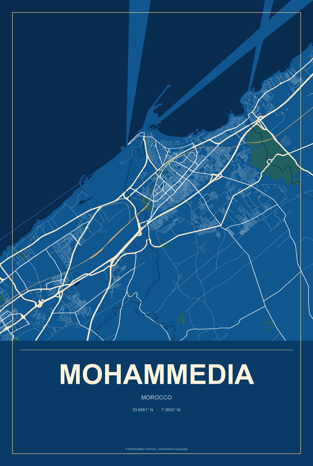 Mohammedia, Morocco City Map Aluminum Sign in Harbor Cobalt style