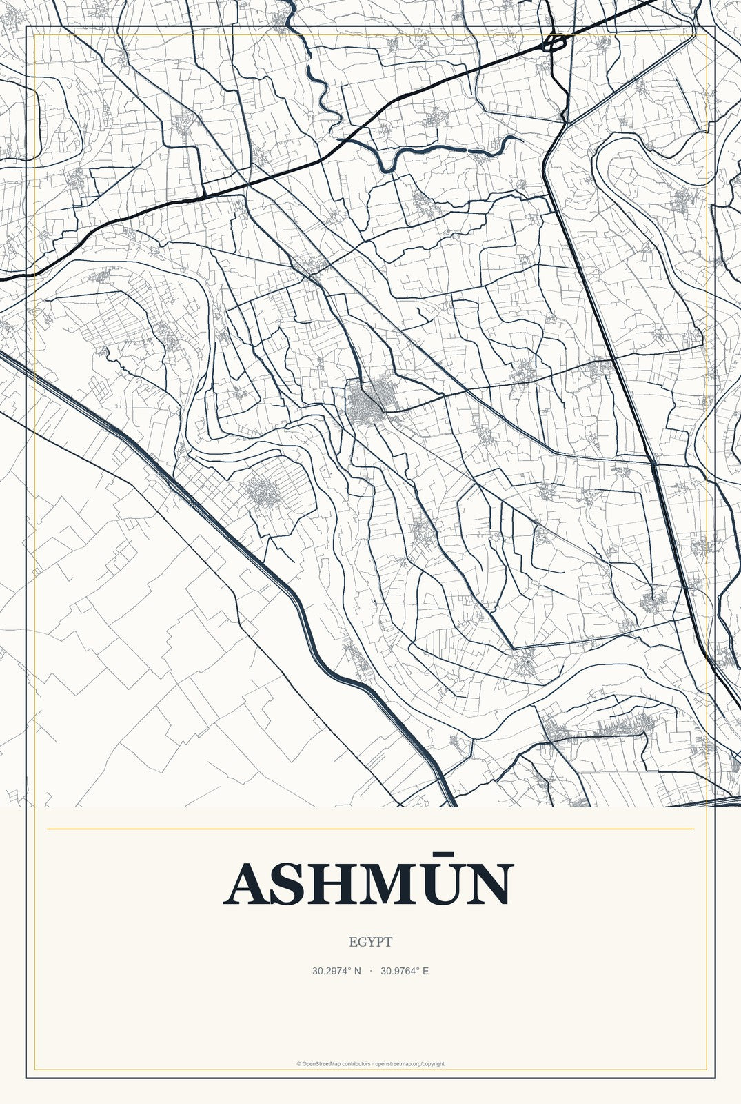 Ashmūn, Egypt City Map Aluminum Sign in Citrine Modern style