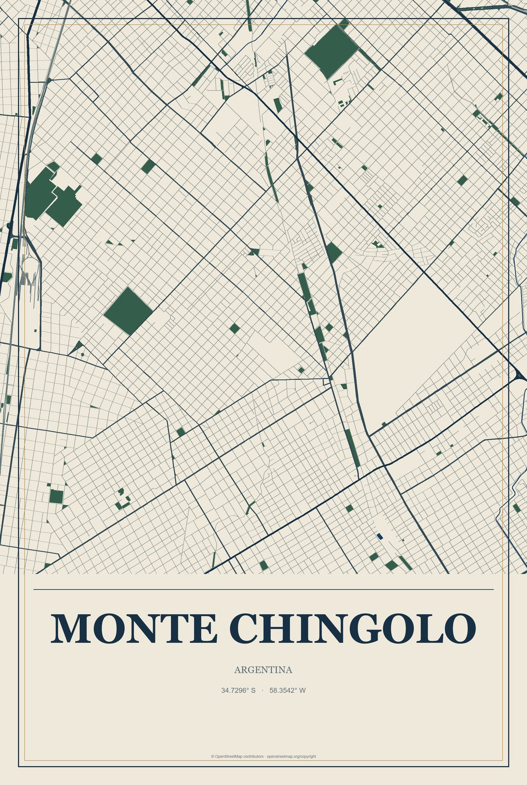 Monte Chingolo, Argentina City Map Aluminum Sign in Coastal Cutout style