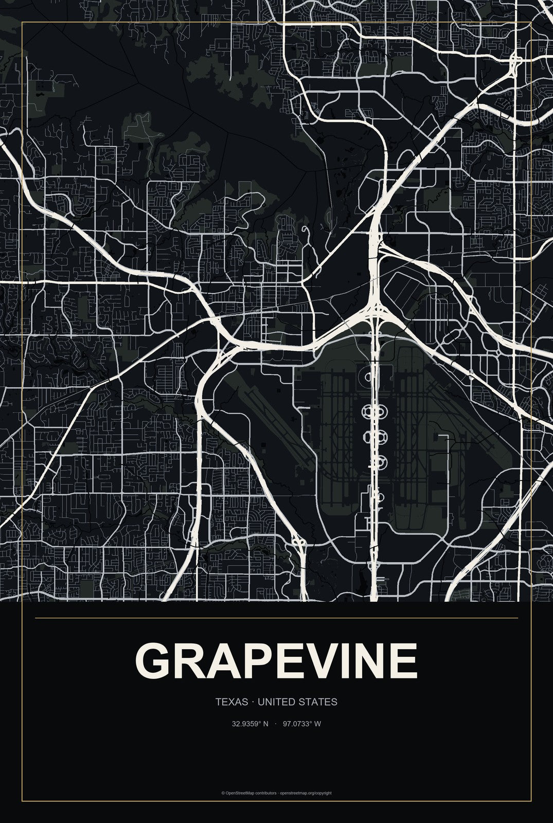 Grapevine, Texas City Map Aluminum Sign in Metropolitan Noir style
