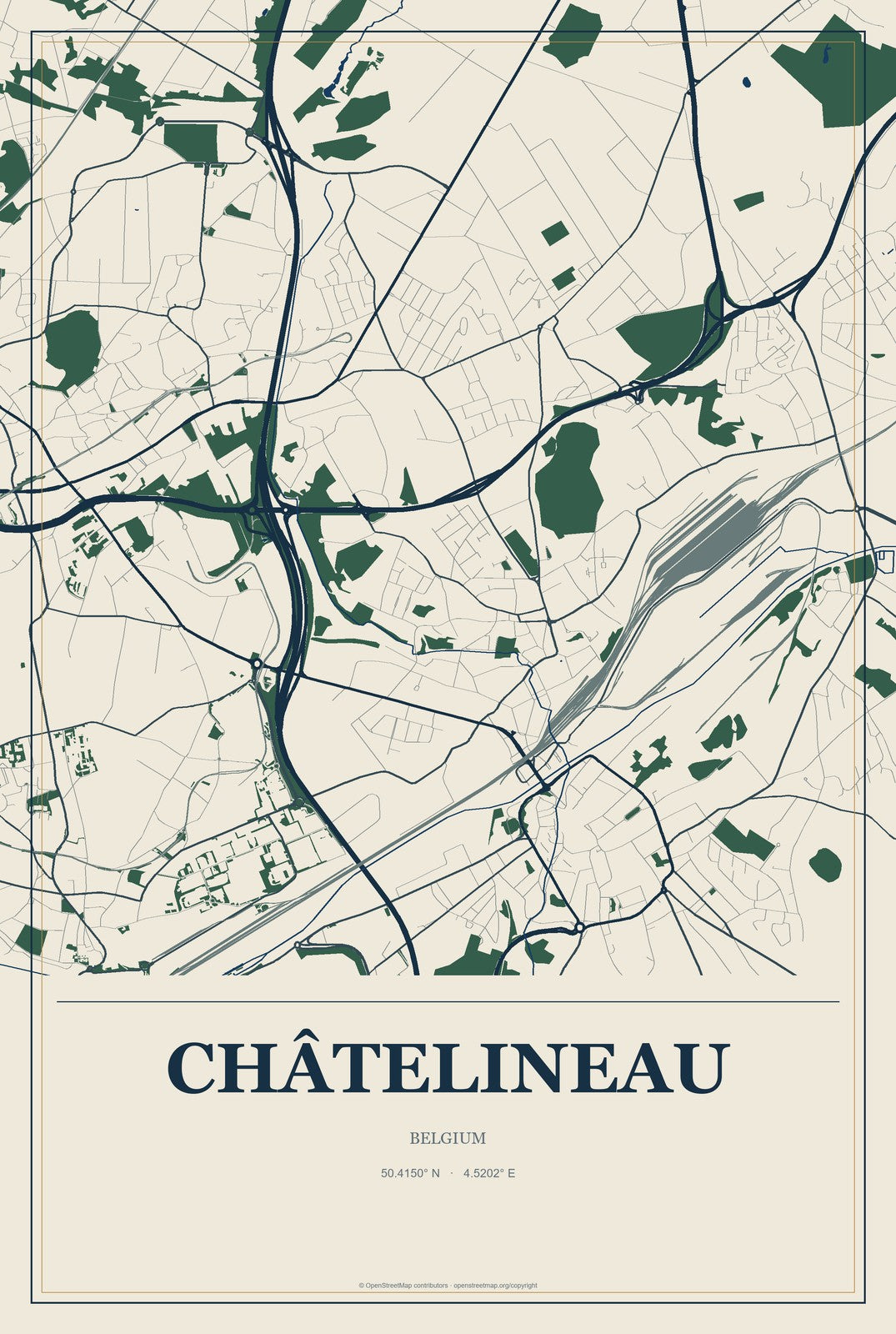 Châtelineau, Belgium City Map Aluminum Sign in Coastal Cutout style