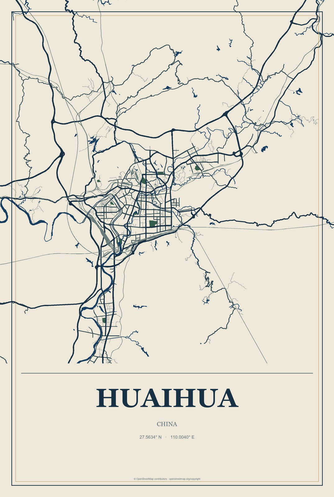 Huaihua, China City Map Aluminum Sign in Coastal Cutout style